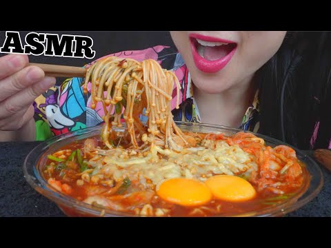 Cheesy Spicy Noodles With Sausage And Kimchi Asmr Eating Sounds No