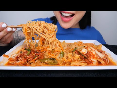 Cheesy Spicy Noodles With Sausage And Kimchi Asmr Eating Sounds No