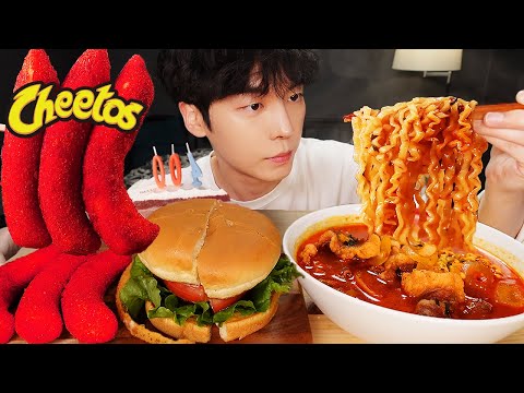 ASMR MUKBANG | 직접 만든 치토스 가래떡 치즈스틱 햄버거 매운 짬뽕 먹방 & 레시피 Cheetos Rice Cake AND FIRE NOODLES EATING