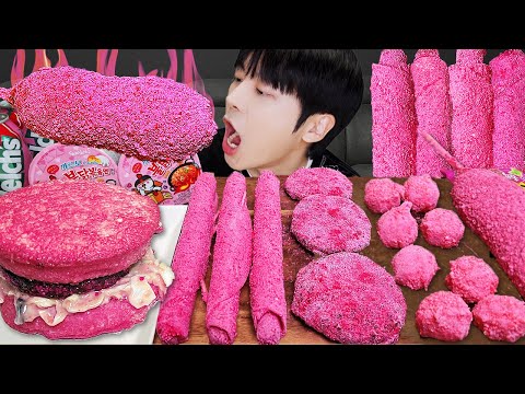 ASMR MUKBANG 직접 만든 핑크 대왕 타키스 불닭볶음면 치즈스틱 핫도그 먹방 & 레시피 FIRE NOODLES AND Tteokbokki EATING SOUND!