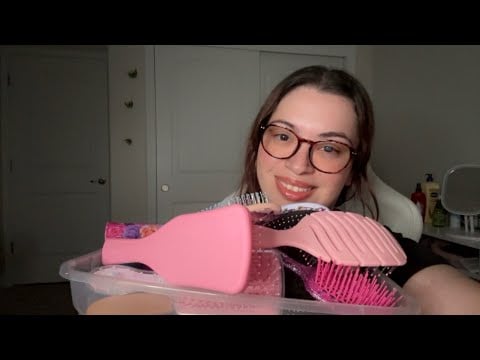 ASMR| You are in vacation & need a new hairbrush- brushing your hair with various brushes
