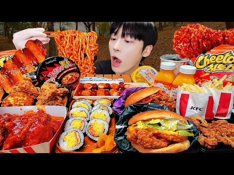 ASMR MUKBANG | 직접 만든 치즈 불닭볶음면 양념치킨 김밥 치즈스틱 먹방 FRIED CHICKEN AND FIRE NOODLES