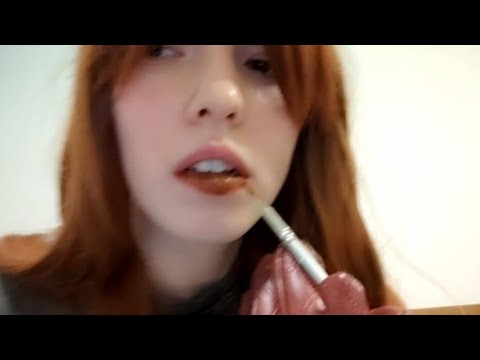 ASMR lipsticks application in leather gloves Muah sounds soft spoken