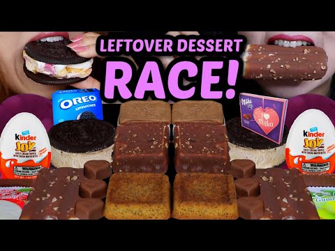 ASMR LEFTOVER DESSERT RACE! MILKA CHOCOLATE HEARTS, KINDER JOY EGGS, OREO ICE CREAM, CAKE, GUMMY 먹방