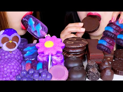 ASMR PURPLE BOBA BALL, GUMMY SHARK JELLY, MARSHMALLOW POP, EDIBLE SHOT GLASS, DARK CHOCOLATE CAKE 먹방