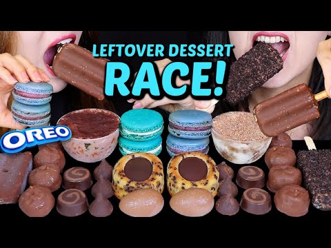 ASMR LEFTOVER DESSERT RACE! BLUE MACARONS, TIGER CAKE, CHOCOLATE CREAM PUFFS, OREO ICE CREAM, EGG 먹방