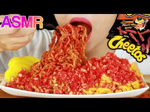 ASMR XXTRA HOT CHEETOS FIRE NOODLES MAC&CHEESE EATING SOUNDS MUKBANG