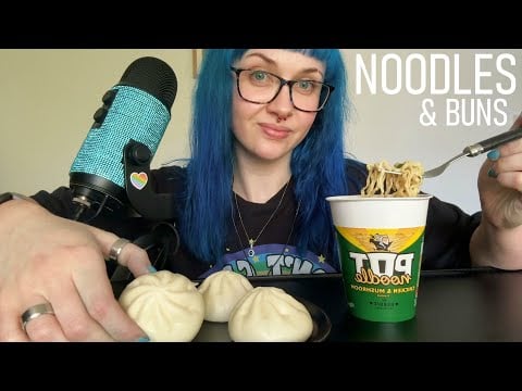 ASMR Eating A Pot Noodle (Chicken & Mushroom) & Hoisin Duck Bao Buns 🍜