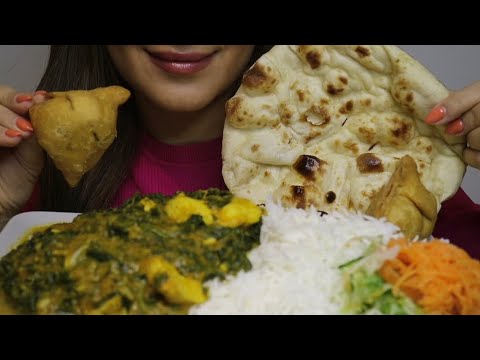 ASMR INDIAN CHICKEN SAAG SPINACH / SAMOSA / NAAN / no talking / CREMA ASMR #asmr #mukbang / INDIAN