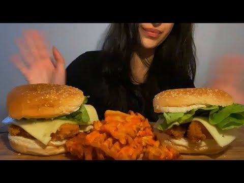 Fried Chicken Burger + Cheesy Waffle Fries Mukbang Asmr