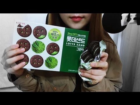 노토킹 ASMR 롯데샌드 그린티 이팅사운드 과자 먹방 Green Tea Cream Sand lotte choco cookie No Talk Eating sounds mukbang