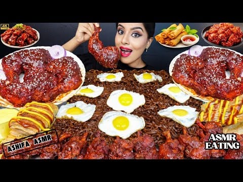 ASMR Eating Spicy Korean Black Bean Noodles,Fried Chicken Leg Piece,Lollipop ASMR Eating Mukbang
