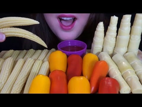 HEALTHY EATING ASMR Raw Veggie Platter [Bamboo Shoots, Baby Corn, Peppers] SATISFYING Crunchy Sounds