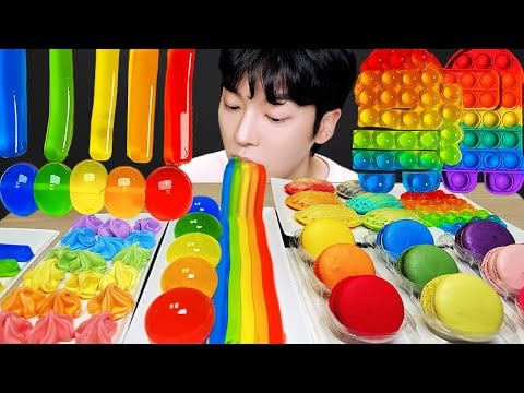 ASMR MUKBANG | 레인보우 디저트 팝잇 푸쉬팝 아이스크림 마카롱 젤리 먹방 & 레시피 DESSERT ICE CREAM MACARONS EATING