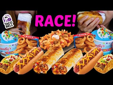 ASMR RACE! BIRTHDAY CAKE ICE CREAM SUNDAE, TACO BELL GRILLED CHEESE BURRITOS, CHILI CHEESE DOGS 먹방