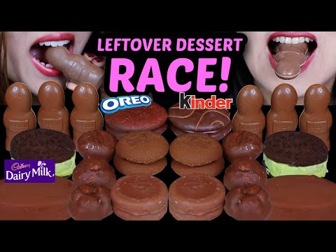 ASMR LEFTOVER DESSERT RACE! CADBURY CREAM EGG COOKIES, KINDER FIGURINES, CHOCOLATE CREAM PUFFS, OREO