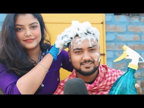 ASMR Doing My Husband Relaxing Haircut, Hair colour And Shampoo Washing 😍