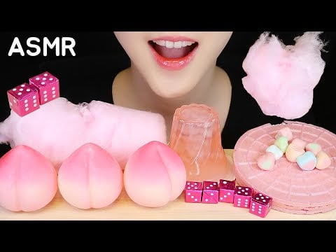 PINK FOODS ASMR UFO SNACK, PUDDING JELLY, DICE GUM, COTTON CANDY ASMR NO TALKING