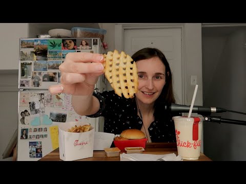 Chick-fil-A Burger, Waffle Fries & Vanilla Milkshake ~ Whispered ASMR Have Lunch with me! ^_^