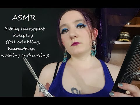 ASMR Bitchy Hairdresser Roleplay (crinkling highlights, snipping scissors, water sounds shampooing)