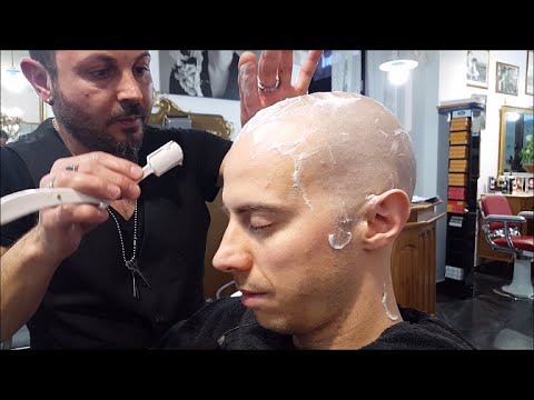 Italian Barber - Sleeping Head shave with shavette and hot towel - ASMR sounds