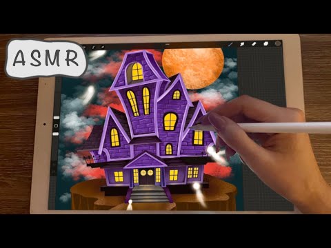 😴iPad ASMR - (3+ HOURS) Halloween Painting of a House - Clicky Pure Whispering - Writing Sounds