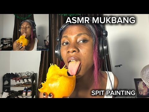 Asmr fake spit painting, ear eating, licking biting mango in your ears 