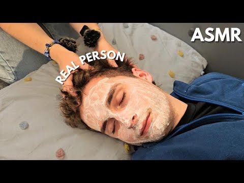 ASMR Real person | Scalp massage + Facial (On my boyfriend)