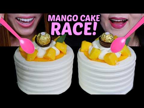 ASMR $500 MANGO CREAM CAKE RACE! Big vs Tiny spoon challenge 먹방