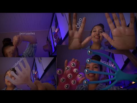 ASMR Massagens com óleo de ervas, percussão, puxões de corinhos, coçada de couro cabeludo,batidinhas