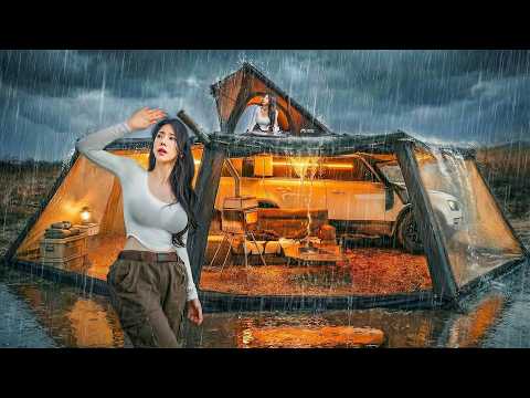 ☔️RAINY CAR CAMPING WITH A GIANT AWNING ROOM