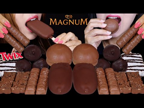 ASMR DOUBLE CHOCOLATE MAGNUM ICE CREAM BARS, TWIX COOKIES & CREME, MINI CHOCO CHIP ICE CREAM CONES먹방