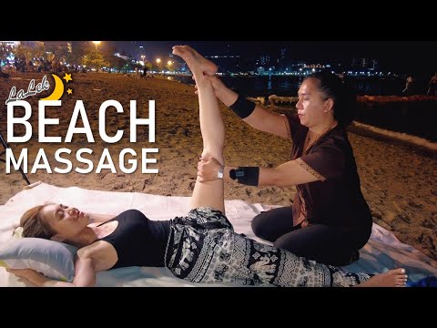 She stretches me before bed-time | Thai massage on the beach at night (relaxing asmr calming waves)