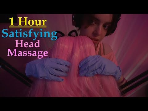 1 Hour Satisfying ASMR Head Massage 💆‍♀️ Pink Wig Sounds, Gloves & Wooden Sticks for Sleep & Tingles