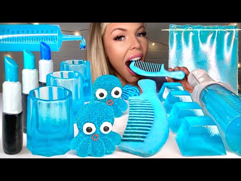 ASMR BLUE DESSERTS* EDIBLE GEMS, GIANT SYRINGE JELLY, LIPSTICK, EDIBLE COMB, SHEET JELLY MUKBANG 먹방