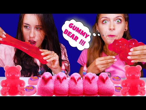 ASMR PINK FOODS *BUBBLE GUM RACE, SQUISHY BEAR VS GUMMY BEAR, SOUR CANDY GEL 먹방 EATING SOUNDS