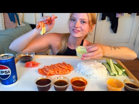 🍣 ASMR  🍣~ EATING SALMON SASHIMI WITH TONS OF SAUCES (SALMON SUSHI EATING SOUNDS) 🍱🐟