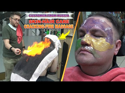 ASMR BARBER  💈 SKIN-HAIR CARE 💈 CRACKING 💈 fire, rope, ax, head, face, ear, neck, oil back massage