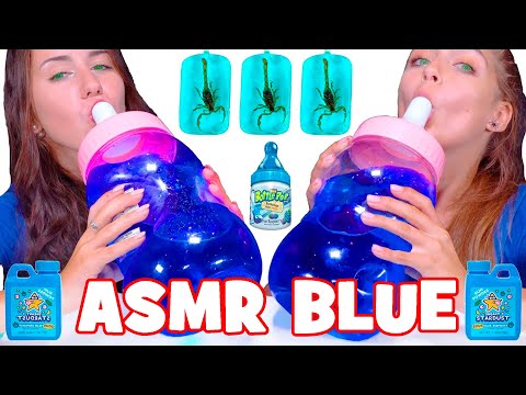 ASMR Blue Food Eating Sounds Sour Candy, Giant Bottle Mukbang