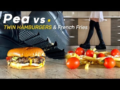 Pea’s Boots vs. Juicy Twin Hamburgers & Fries! Oddly Satisfying Food Crushing! ASMR