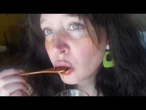 eating honey with intense sticky mouth sounds ASMR (wooden spoon & glass spoon)