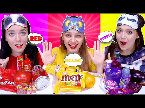 ASMR Eating Only One Color Food Purple, Red and Yellow Candy Race By LiLiBu