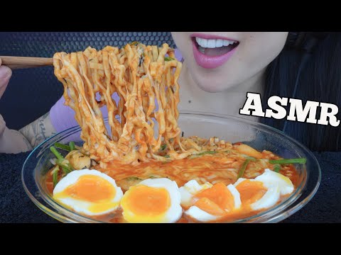 ASMR CHEESY RICE CAKE SPICY NOODLES + SOFT BOIL EGGS (EATING SOUNDS) NO TALKING | SAS-ASMR