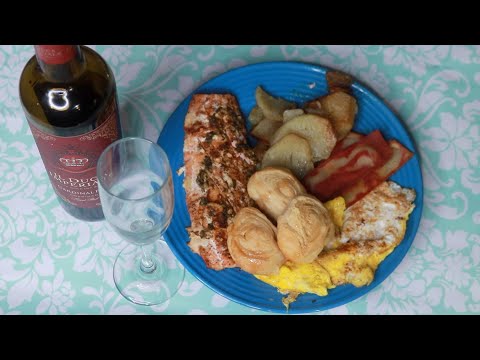 PESTO BASIL SALMON BACON POTATOES RED WINE ASMR EATING SOUNDS