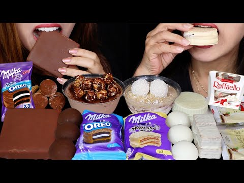 ASMR MILK VS WHITE (MILKA OREO TORTA, MILKA MOUSSE ALFAJOR, ICE CREAM BON BONS, MOUSSE CAKE CUPS 먹방