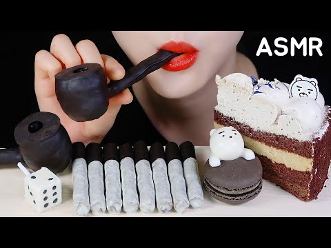 *FAIL* BLACK&WHITE FOOD ASMR EDIBLE TOBACCO PIPE, EDIBLE CIGARETTE, CAKE, MACARON ASMR NO TALKING