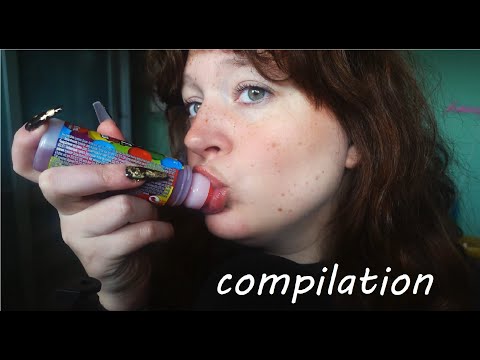 ASMR compilation of wet mouth sounds and eating (gum eating, roller candy, nibbling, pencil noms)