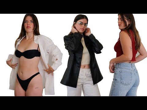 ASMR thrift try on haul & fabric sounds (soft spoken)