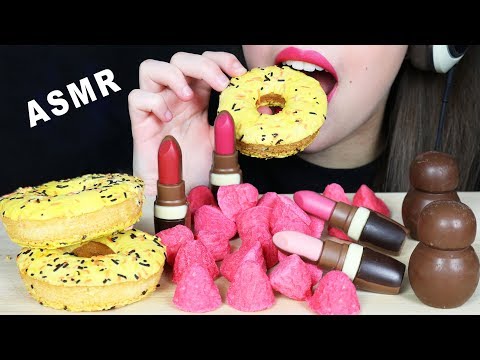 ASMR EDIBLE LIPSTICKS, BANANA DONUTS & STRAWBERRY MARSHMALLOWS (Soft & Chewy EATING SOUNDS) 먹방