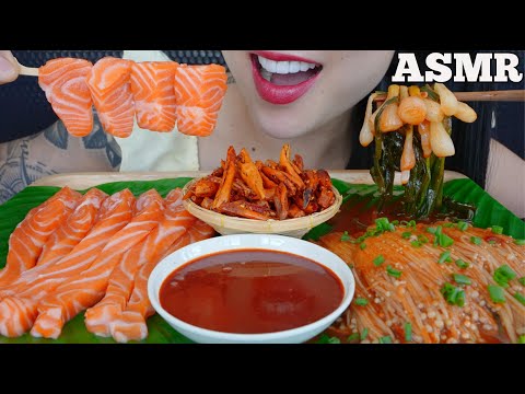 ASMR SALMON SASHIMI + ENOKI MUSHROOMS + FRIED CHILI (CRUNCHY EATING SOUNDS) NO TALKING | SAS-ASMR